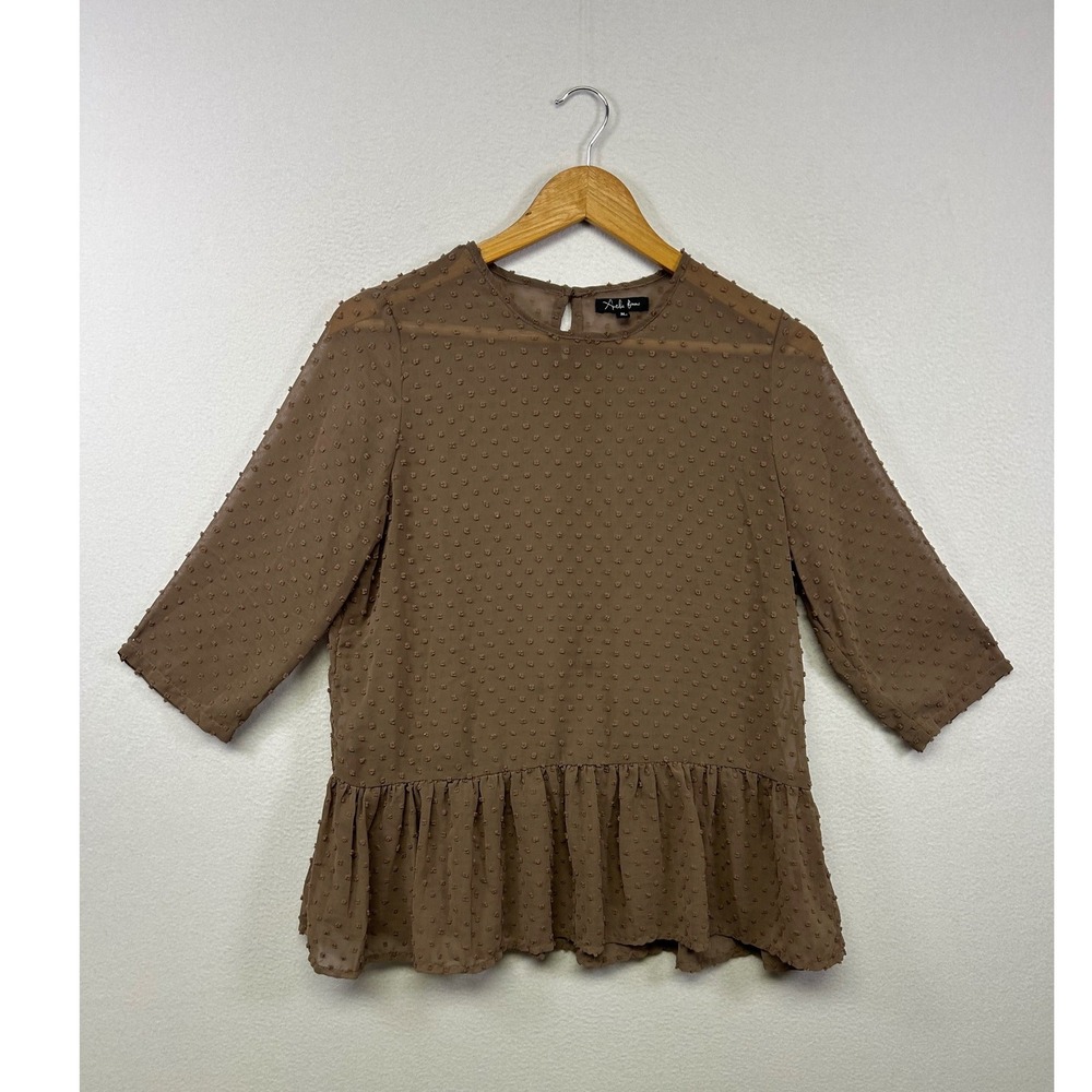 Cottagecore‎ Antilia Femme Womens Medium Brown Swiss Dot Peplum Blouse Top